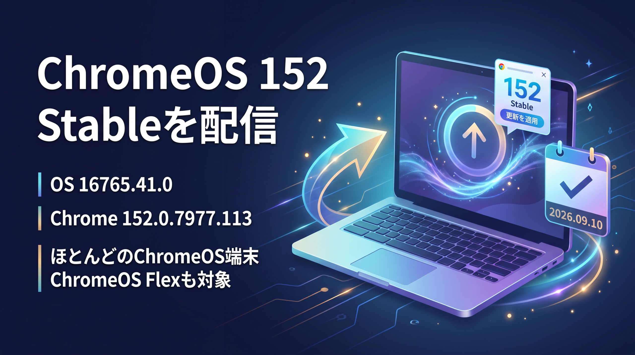 【Chromebook】ChromeOS 152 Stableへ。OS 16765.41.0がほとんどの端末に配信開始