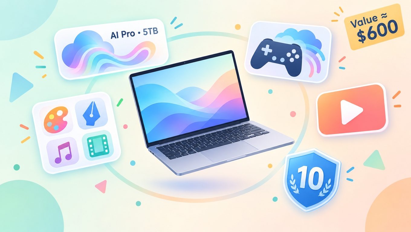 Googlebookのノートパソコンを中心に、Google AI Pro 5TB、GeForce NOW、YouTube、クリエイティブアプリ、10年アップデート保証のアイコンと約600ドル相当の表示が並ぶイメージ図