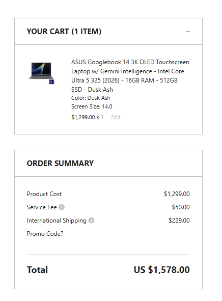 ASUS Googlebook 14のカート画面。本体1,299ドル、国際送料229ドル。